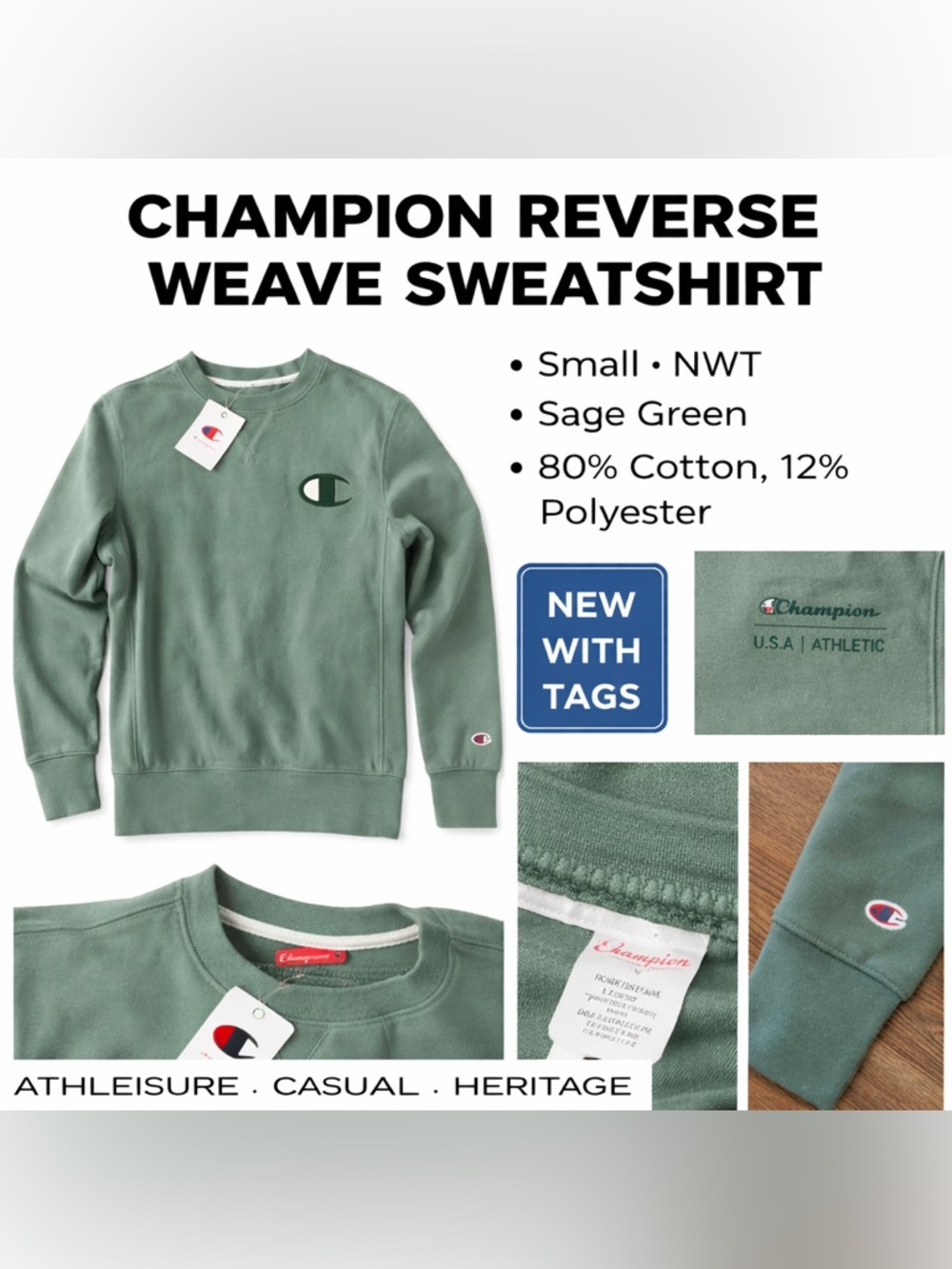 Champion Reverse Weave Crewneck Sweatshirt Green Small NWT USA Athletic Logo